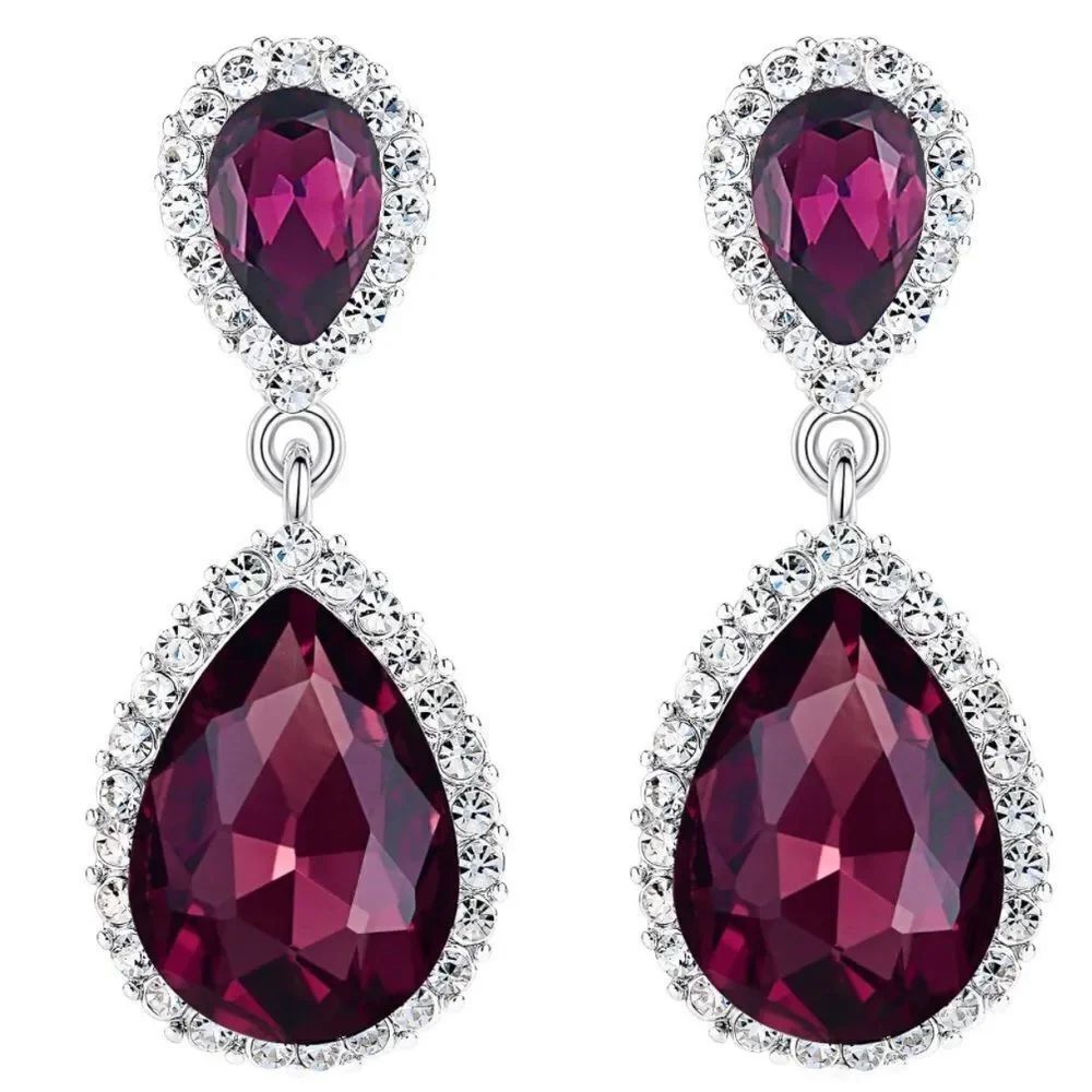 Silver with Amethyst and Diamond Austrian Crystal Teardrop Post Back Earrings